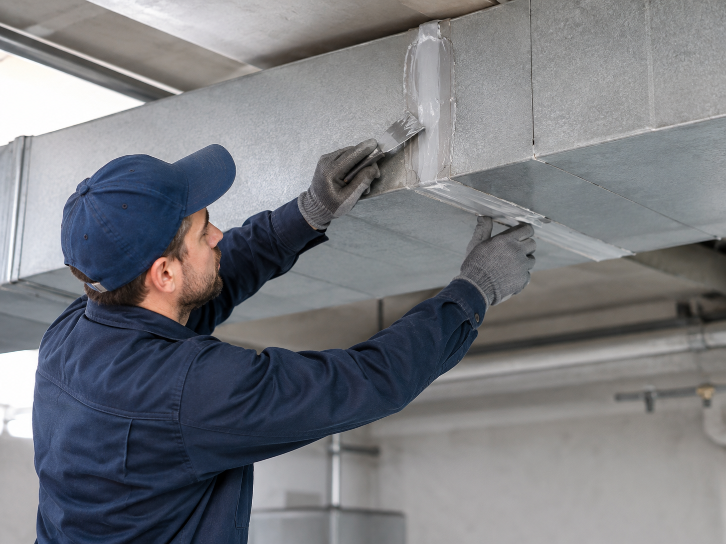 Air duct repair technician sealing ductwork in a Houston, TX attic