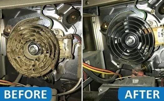 Before and after view of a replaced HVAC duct component in a Houston home